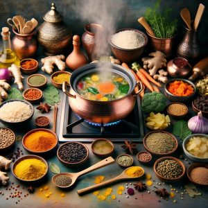 Assiette équilibrée de cuisine ayurvédique avec épices traditionnelles, légumes de saison et bol de kitchari, illustrant l'harmonie des doshas Vata, Pitta et Kapha