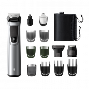 Tondeuse Philips Multigroom Series 7000 multifonction avec accessoires sur fond blanc