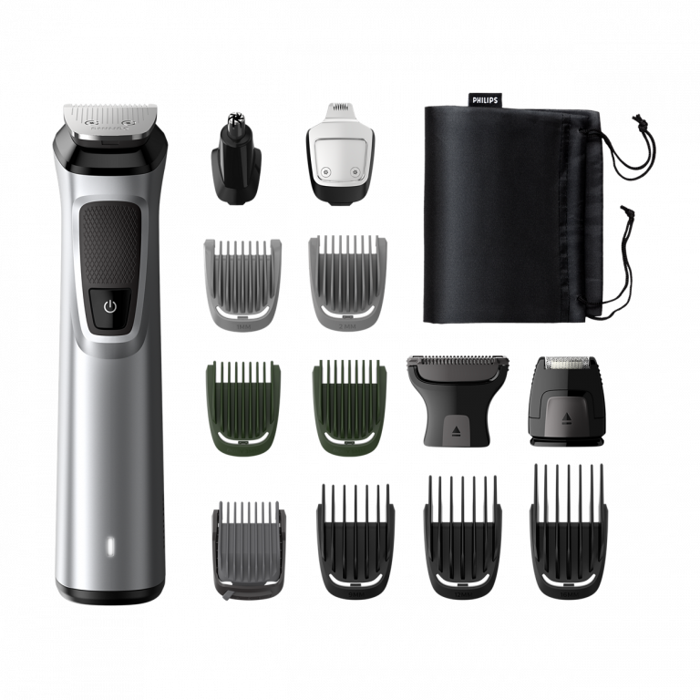 Tondeuse Philips Multigroom Series 7000 multifonction avec accessoires sur fond blanc
