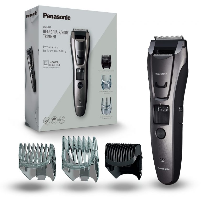 Panasonic Multishape ER-GB98 multitool avec cinq têtes pour rasage corps barbe cheveux sur fond blanc