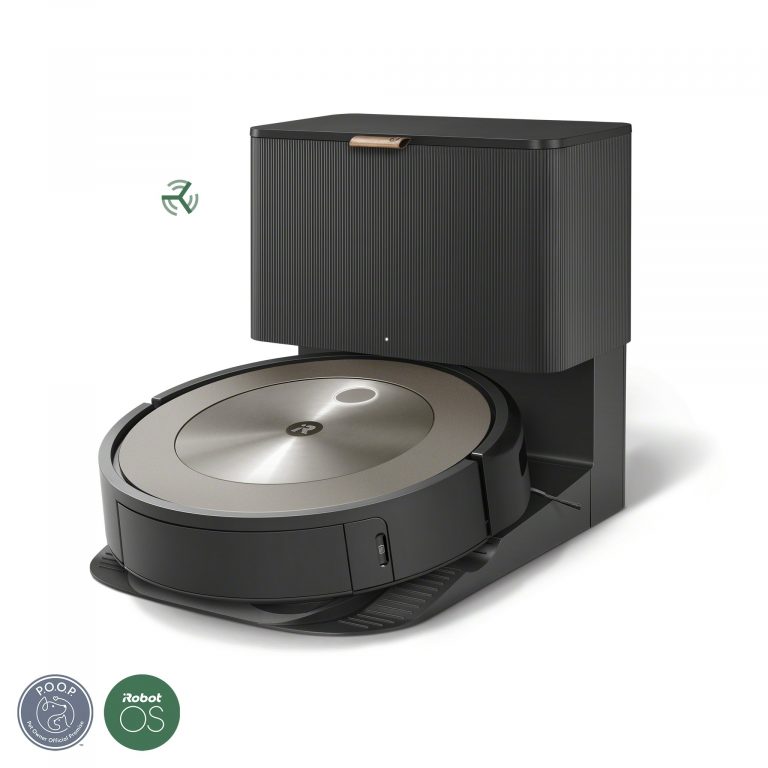 Robot aspirateur Roomba j9+ avec base de vidange automatique sur fond blanc