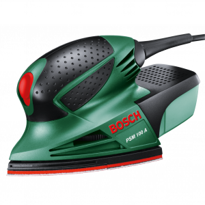 Ponceuse Bosch PSM 100 AES avec plateaux delta et rectangulaire sur fond blanc