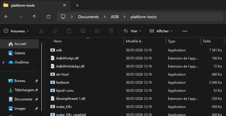 Dossier platform-tools sous Windows