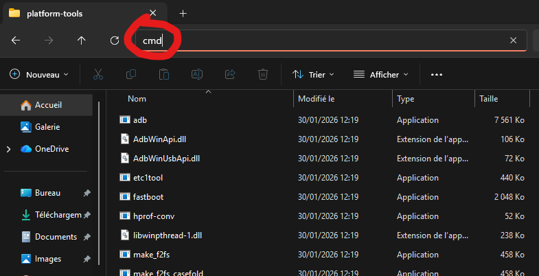 Ouverture du terminal via cmd dans l’explorateur Windows