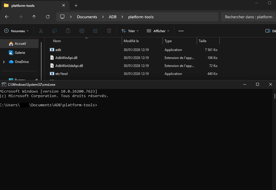 Terminal Windows ouvert dans platform-tools