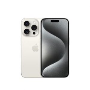 iPhone 15 Pro smartphone compact avec écran OLED LTPO 6,1 pouces sur fond blanc